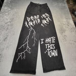 SheIn Jeans Womens XS Black Wide-Leg Dark Wash 5-Pocket I Hate This Town